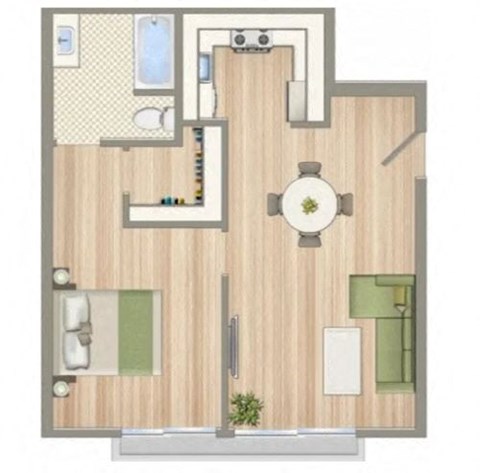 Floor plan for 1 bed, 1 bath, 607 sqft